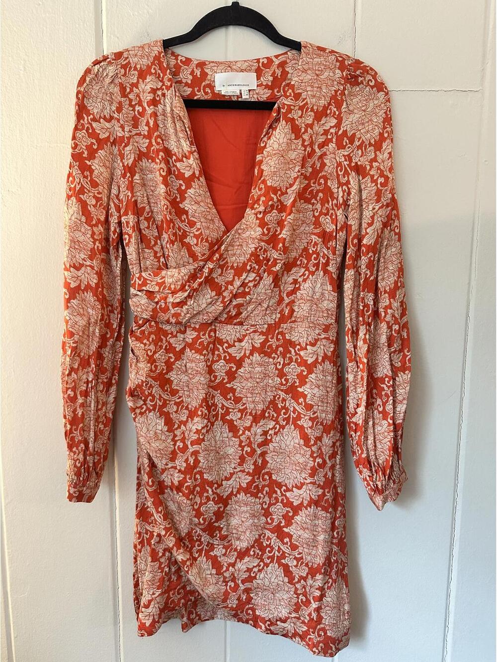 Anthropologie Red and White Floral Pattern Faux Wrap Dress Size 8
